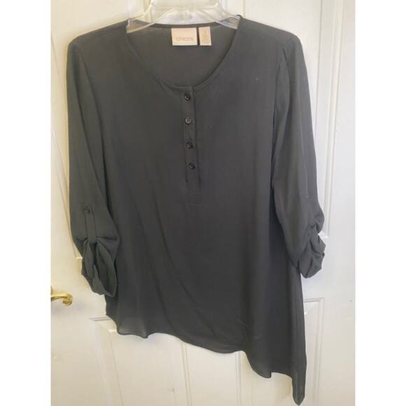 Chico's Black Sheer Blouse 1/4 Button Front Roll tab sleeves Sz 1 (US Med) Petit - Picture 6 of 6